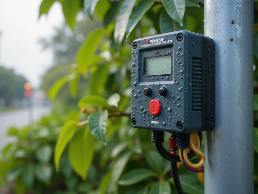 Eco-friendly water timer with simple interface and durable design, gray plastic housing with basic LCD display, placed near garden plants