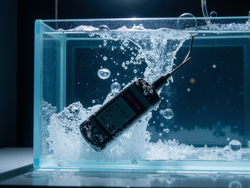 Digital pool thermometer with waterproof housing and large display, blue and white design, floating in clear water